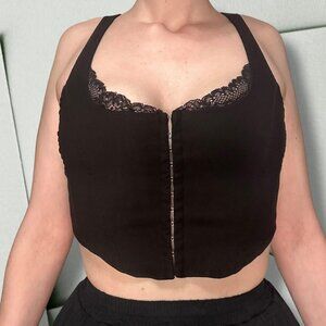 Garage black soft bustier crop top hook eye closure with lace detail size small